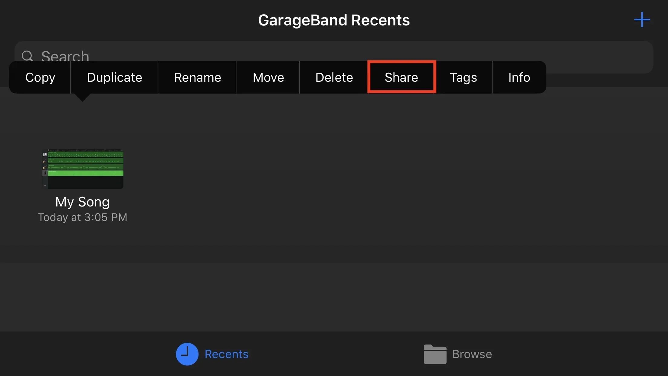 GarageBand interface showing recent projects with a focus on the "Share" option.