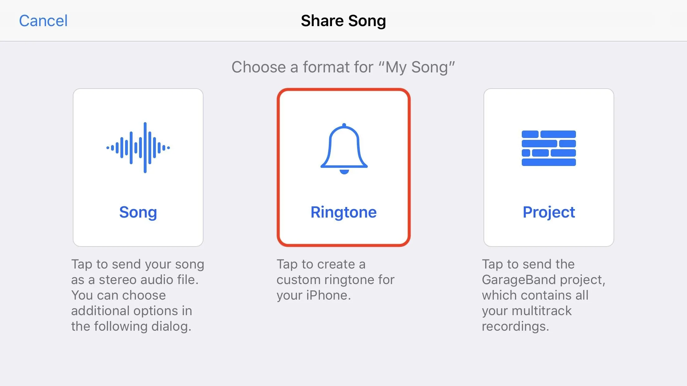 Interface options for sharing a song, including formats for audio, ringtone, and project.