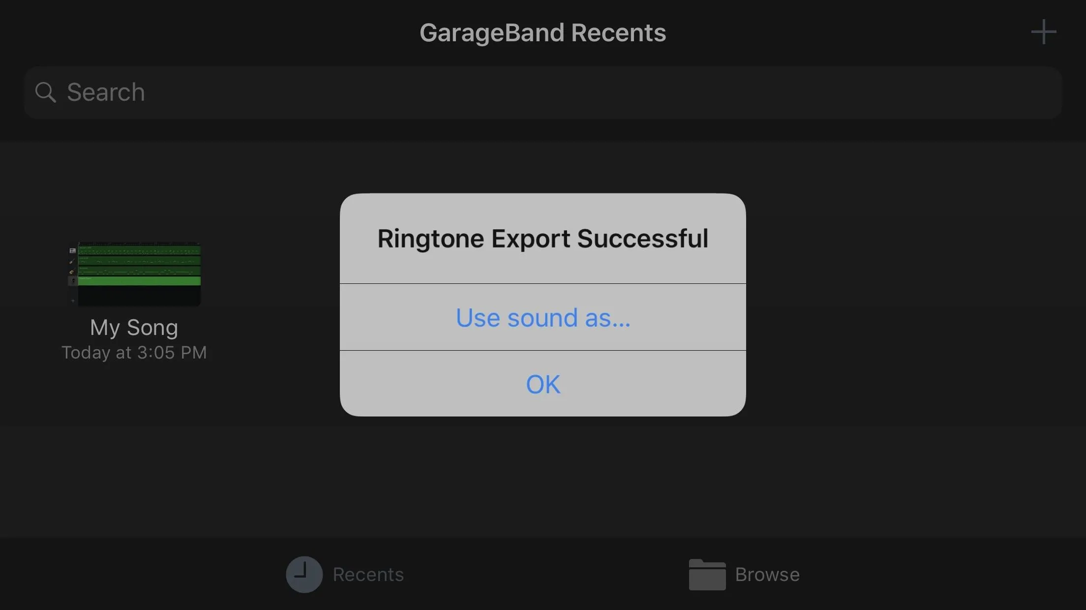 Notification of successful ringtone export in GarageBand application.