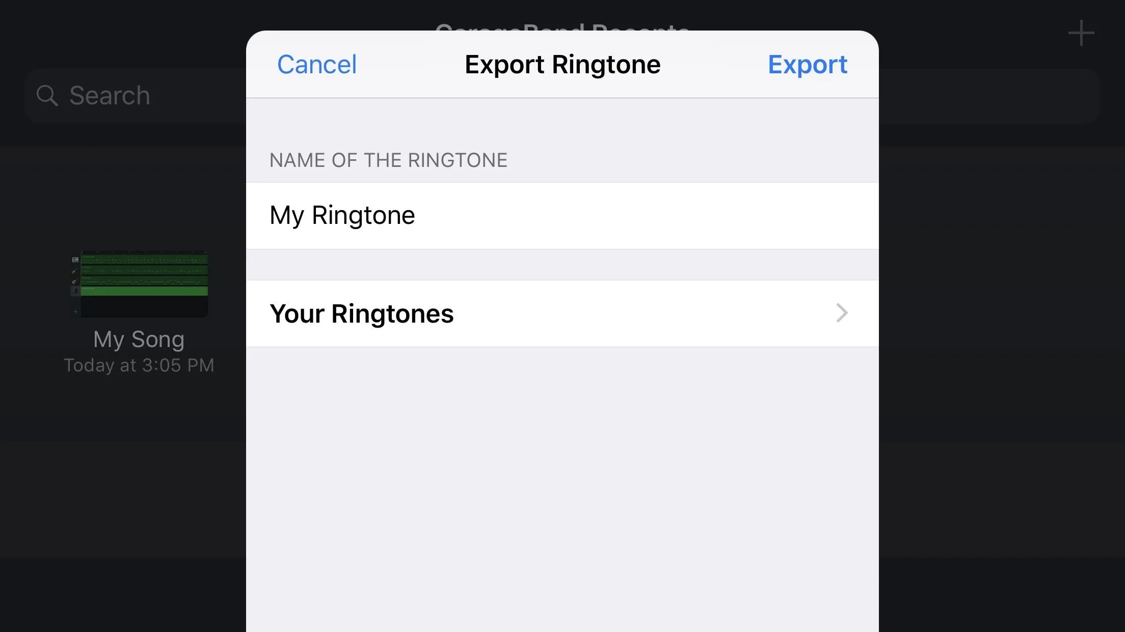 Export ringtone interface with options for naming and selecting ringtones.