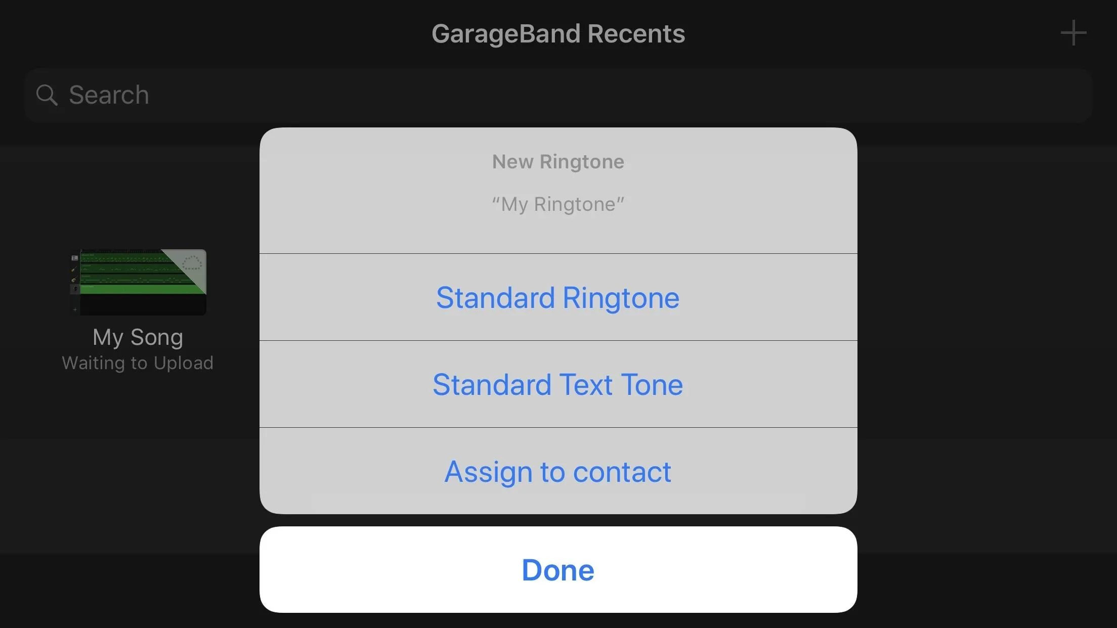 GarageBand screen showing options to assign a ringtone or text tone.