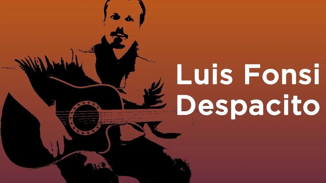Illustration of a musician holding a guitar with the text "Luis Fonsi Despacito"