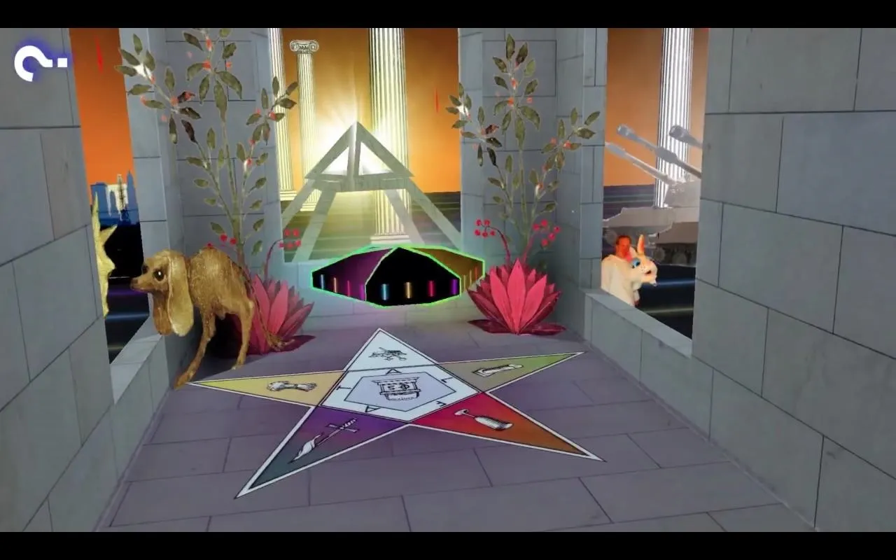 Fantasy-themed scene with a geometric symbol, plants, and animals.