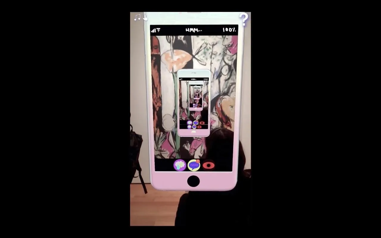 A smartphone displaying an artistic mirrored perspective of a gallery space.