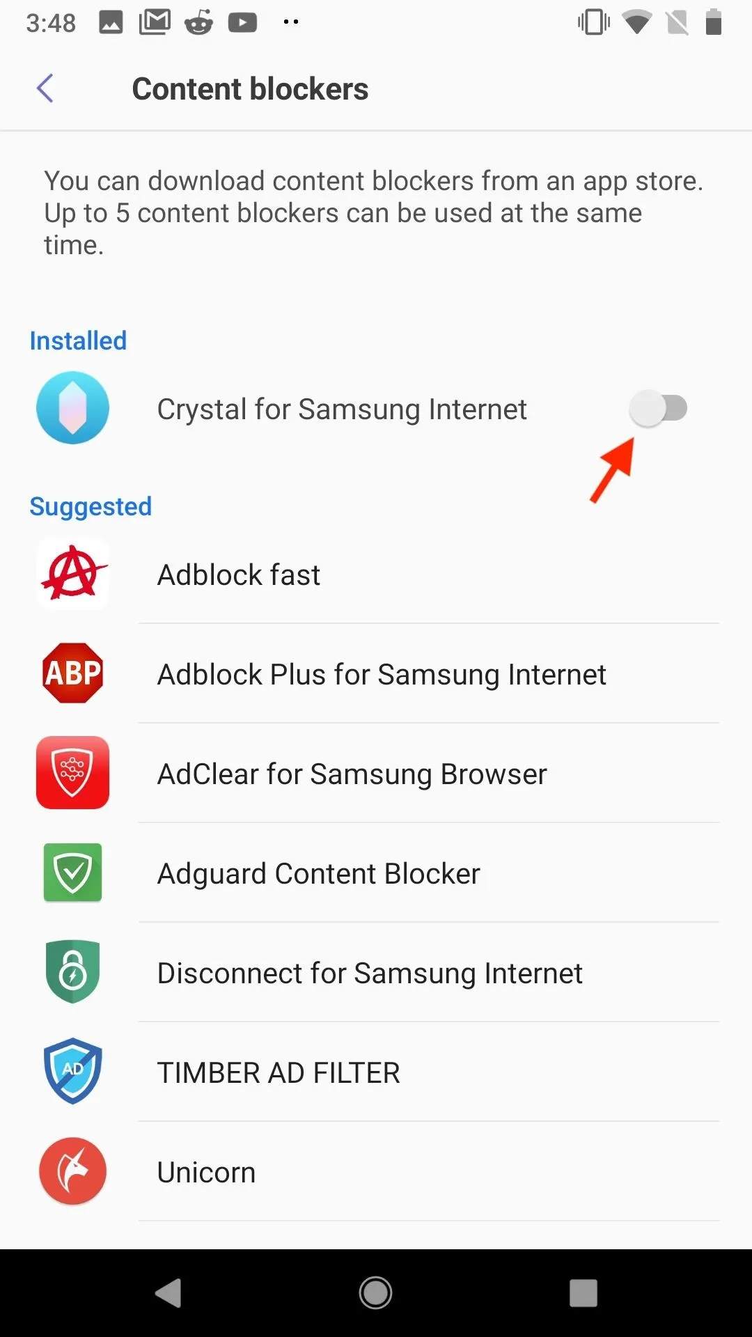 Content blockers for Samsung Internet browser settings.