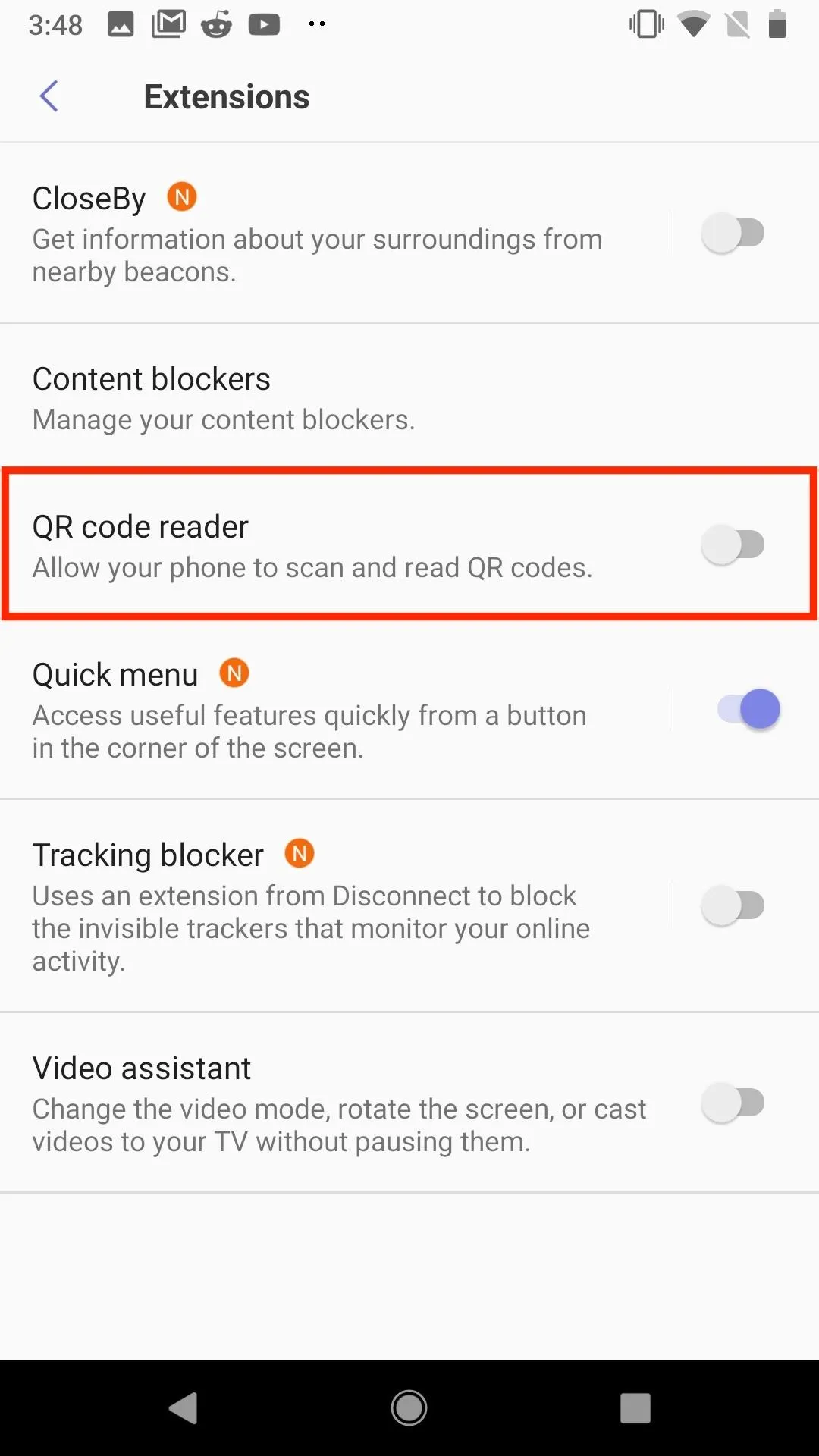 Settings menu displaying options related to privacy and features, including "Ad blocker," "GIF mode," and "Tracking blocker."