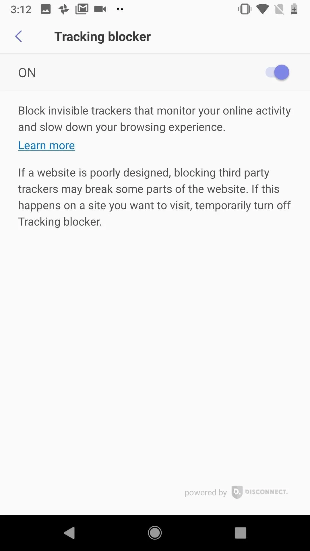 "Mobile app interface displaying tracking blocker settings."