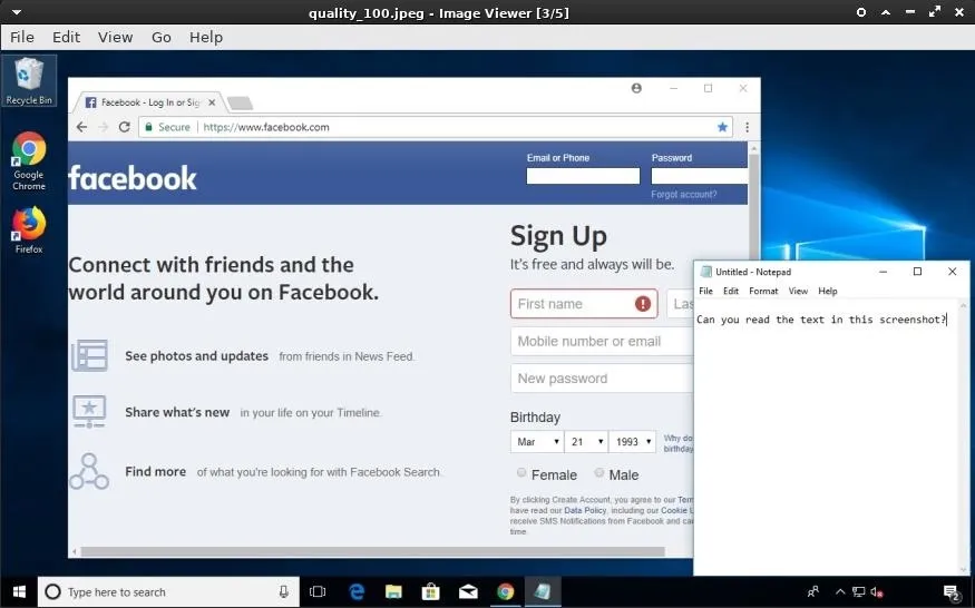 Facebook sign-up page displayed on a computer screen with a text editor open.