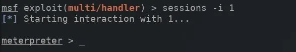 Command line interface displaying a session initiation with Meterpreter in a cybersecurity context.