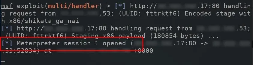 Log output indicating a Metasploit handler has opened a meterpreter session.