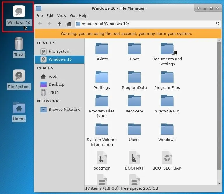 File management interface showing folders and system warnings.