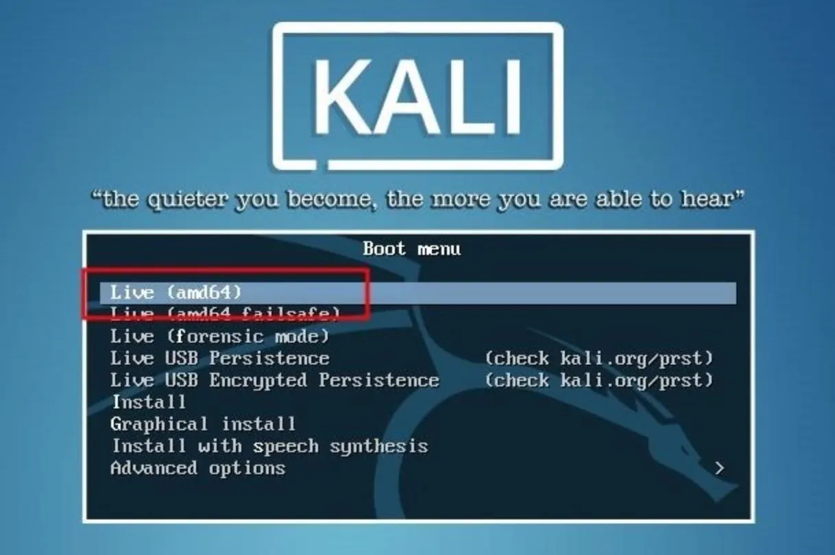 Kali Linux boot menu options display.