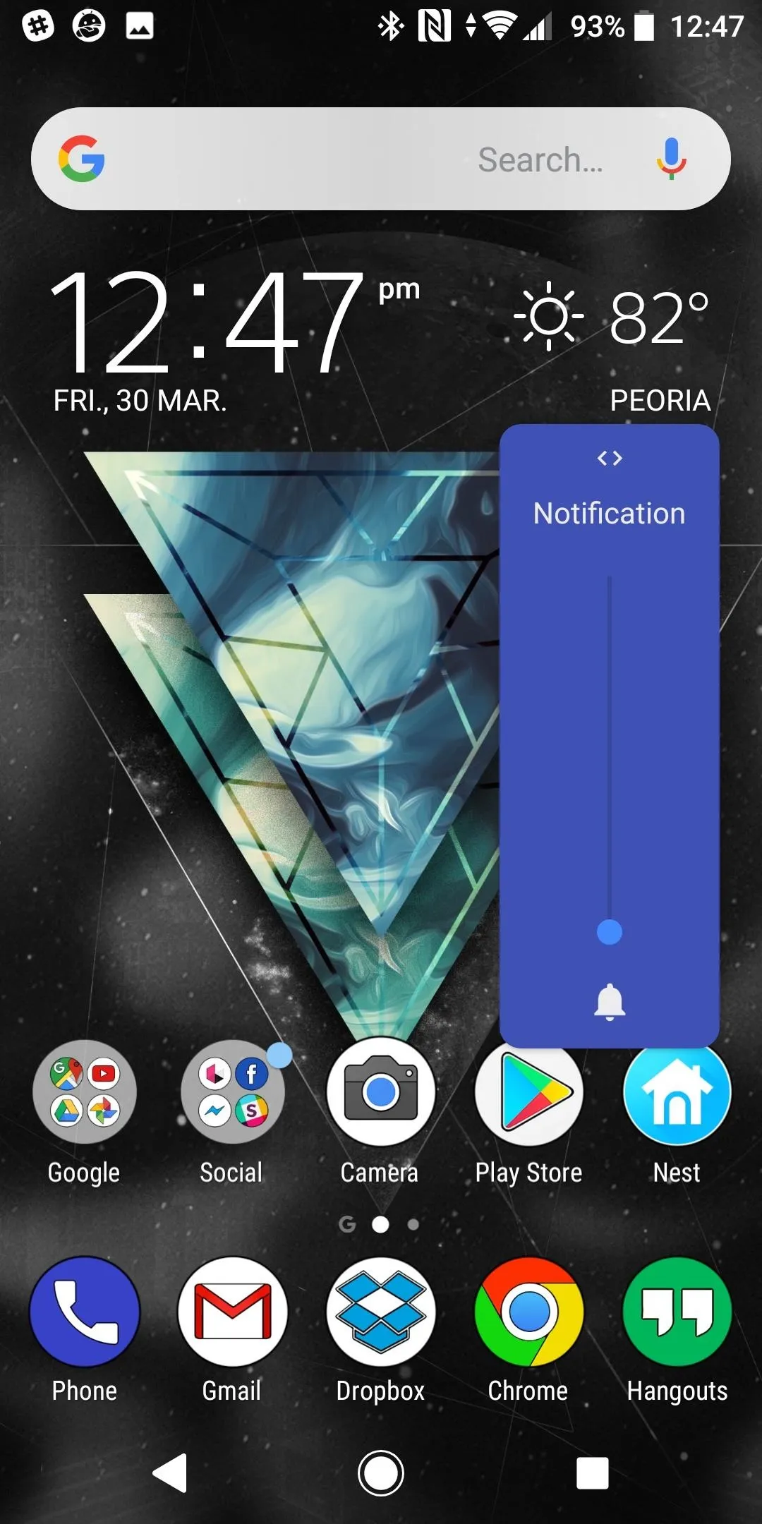 Smartphone displaying time, weather, and app icons on the home screen.