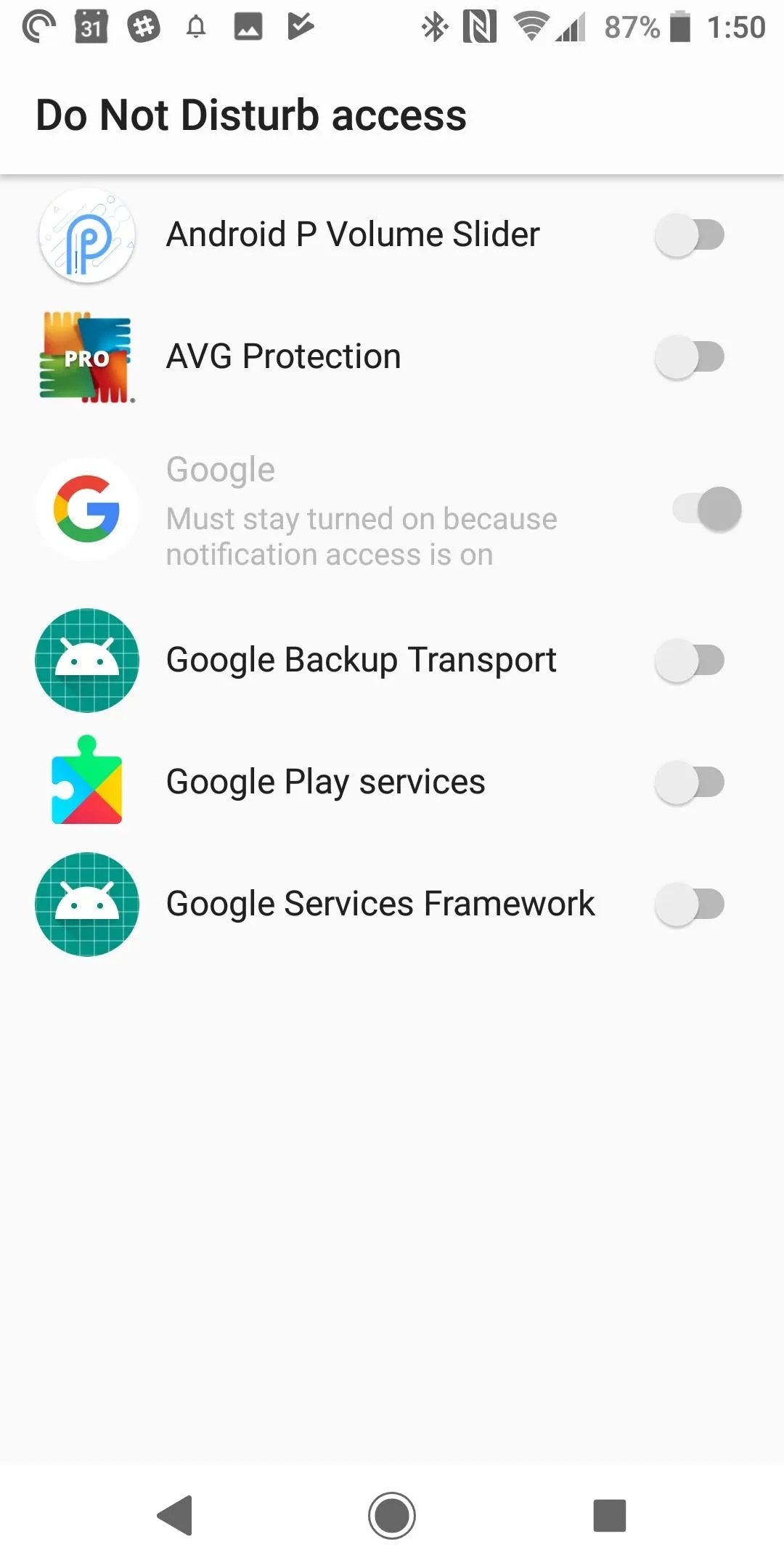 Settings menu displaying app permissions on a mobile device.