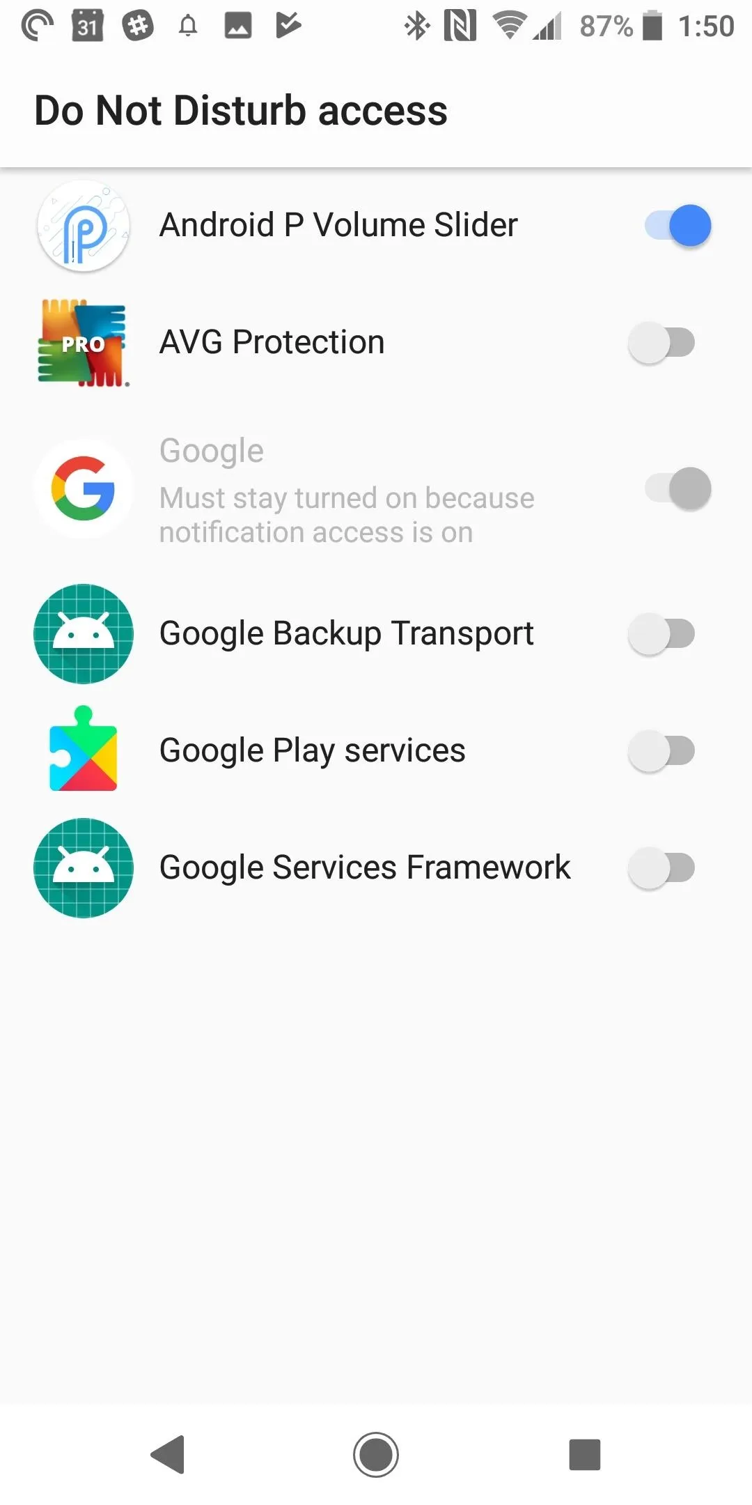 Settings menu showing app permissions and default access options on an Android device.