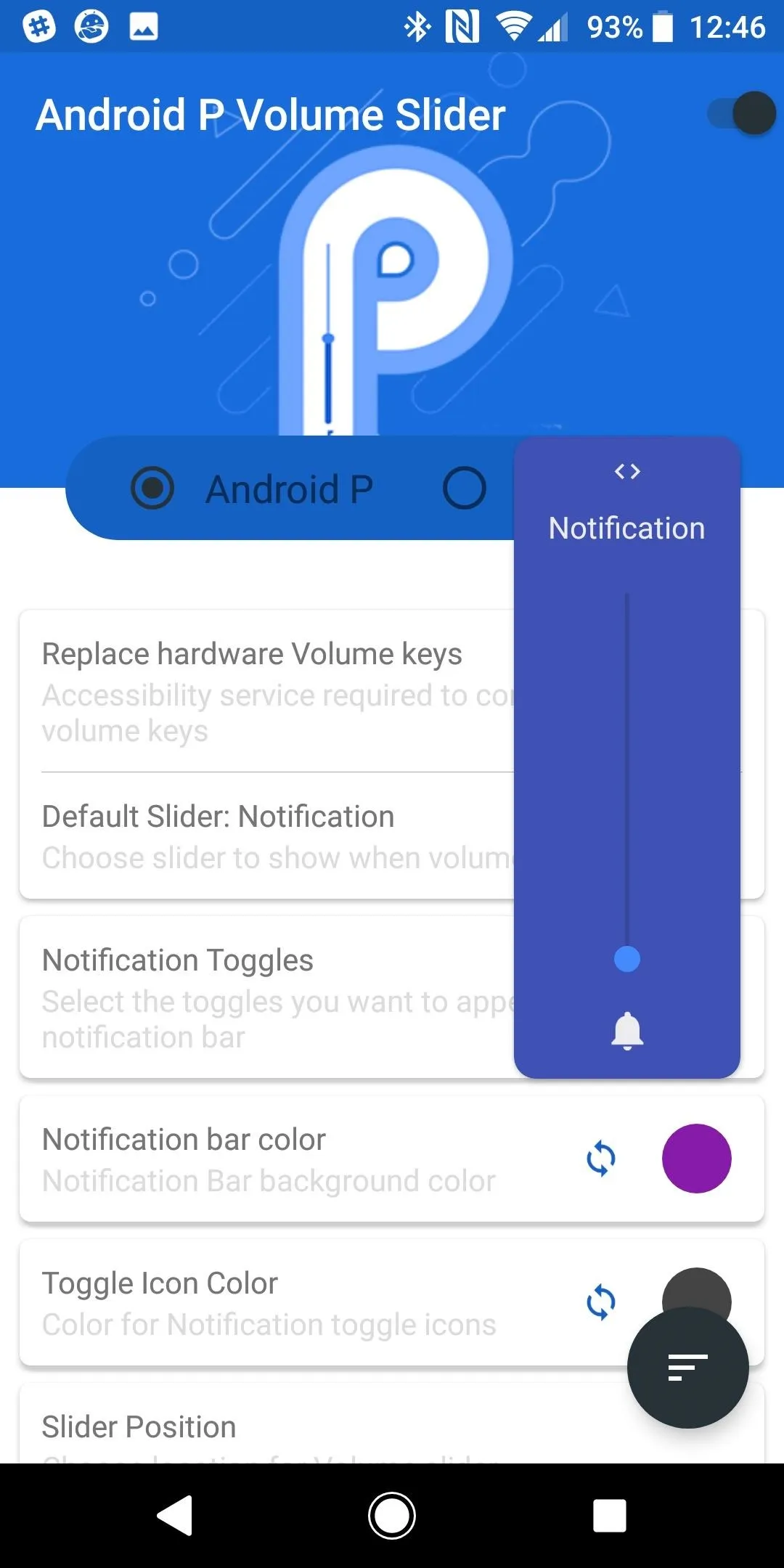 Android P Volume Slider interface with notification options.