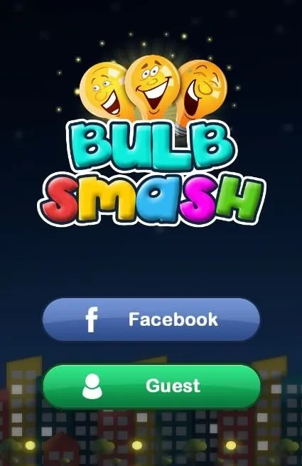 Bulb Smash game title screen with Facebook and Guest login options.
