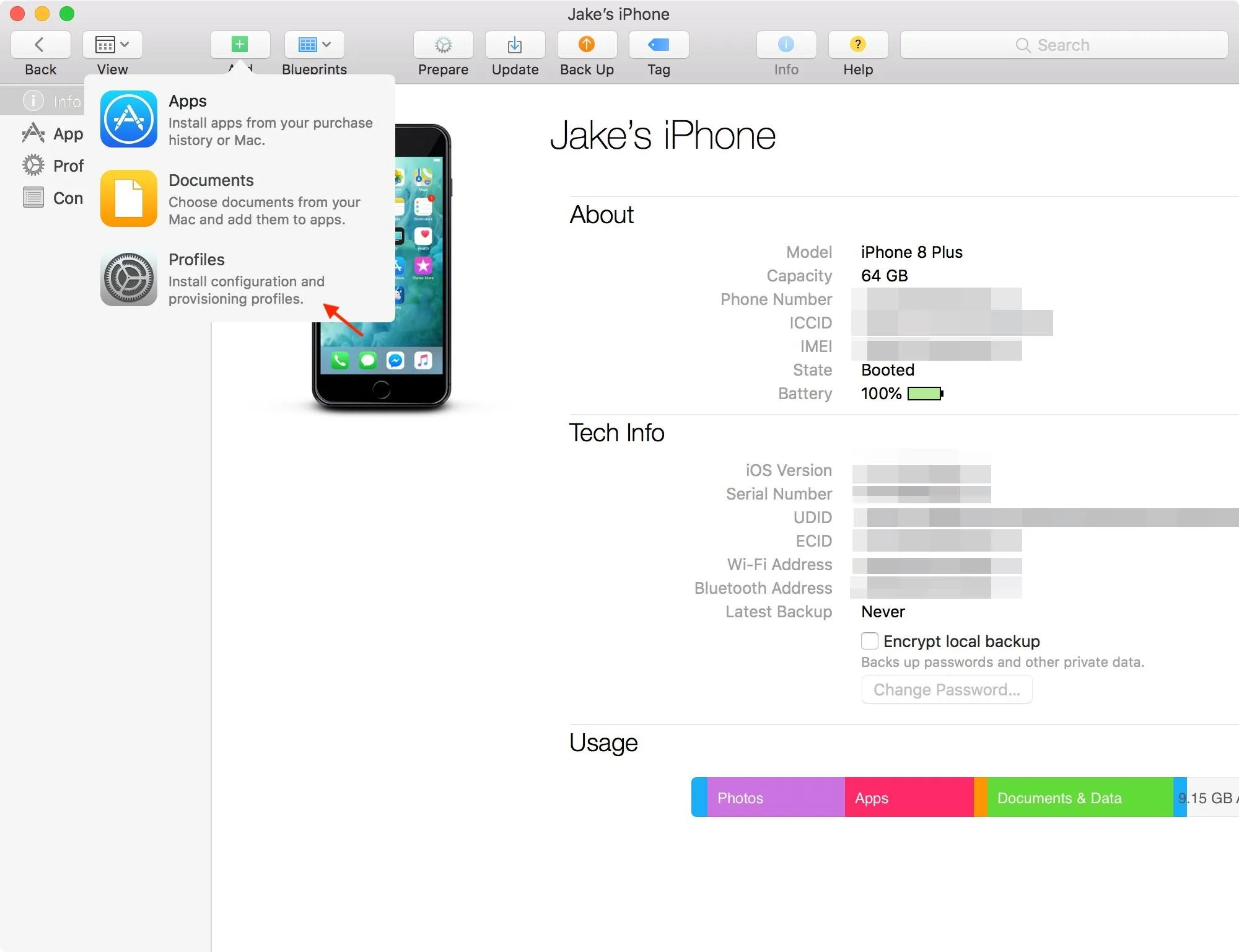 Jake's Phone settings screen displaying device information and usage statistics.