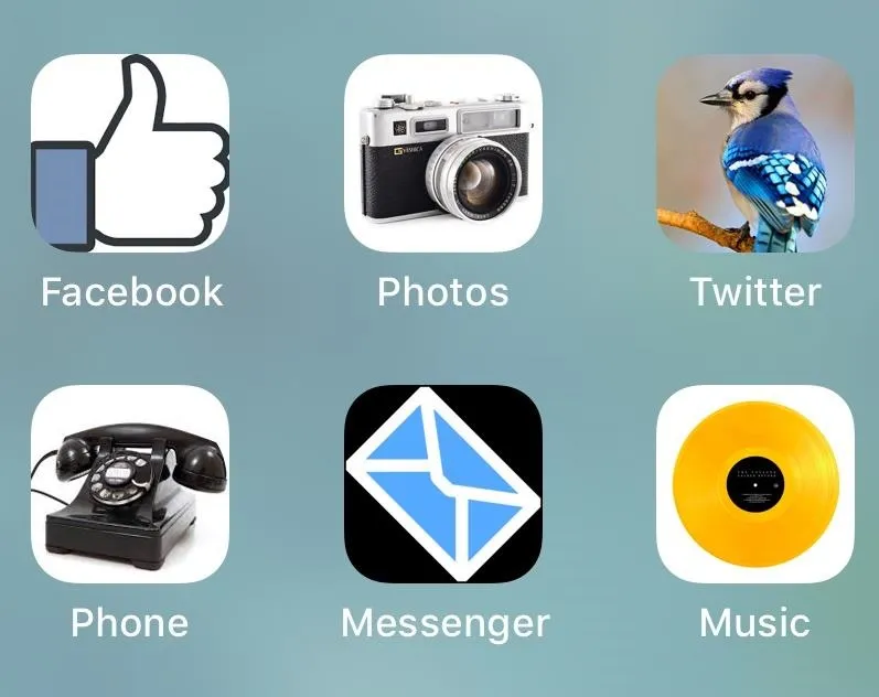 Social media and communication app icons, including Facebook, Photos, Twitter, Phone, Messenger, and Music.