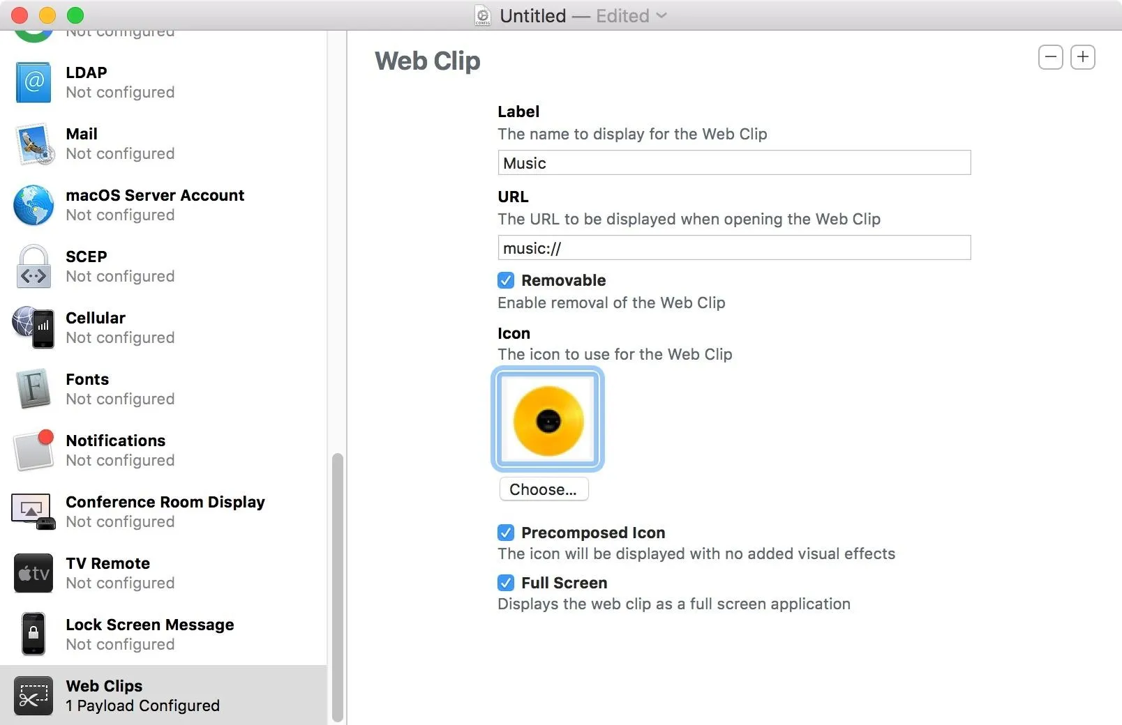 Web Clip configuration settings with an option to choose an icon.