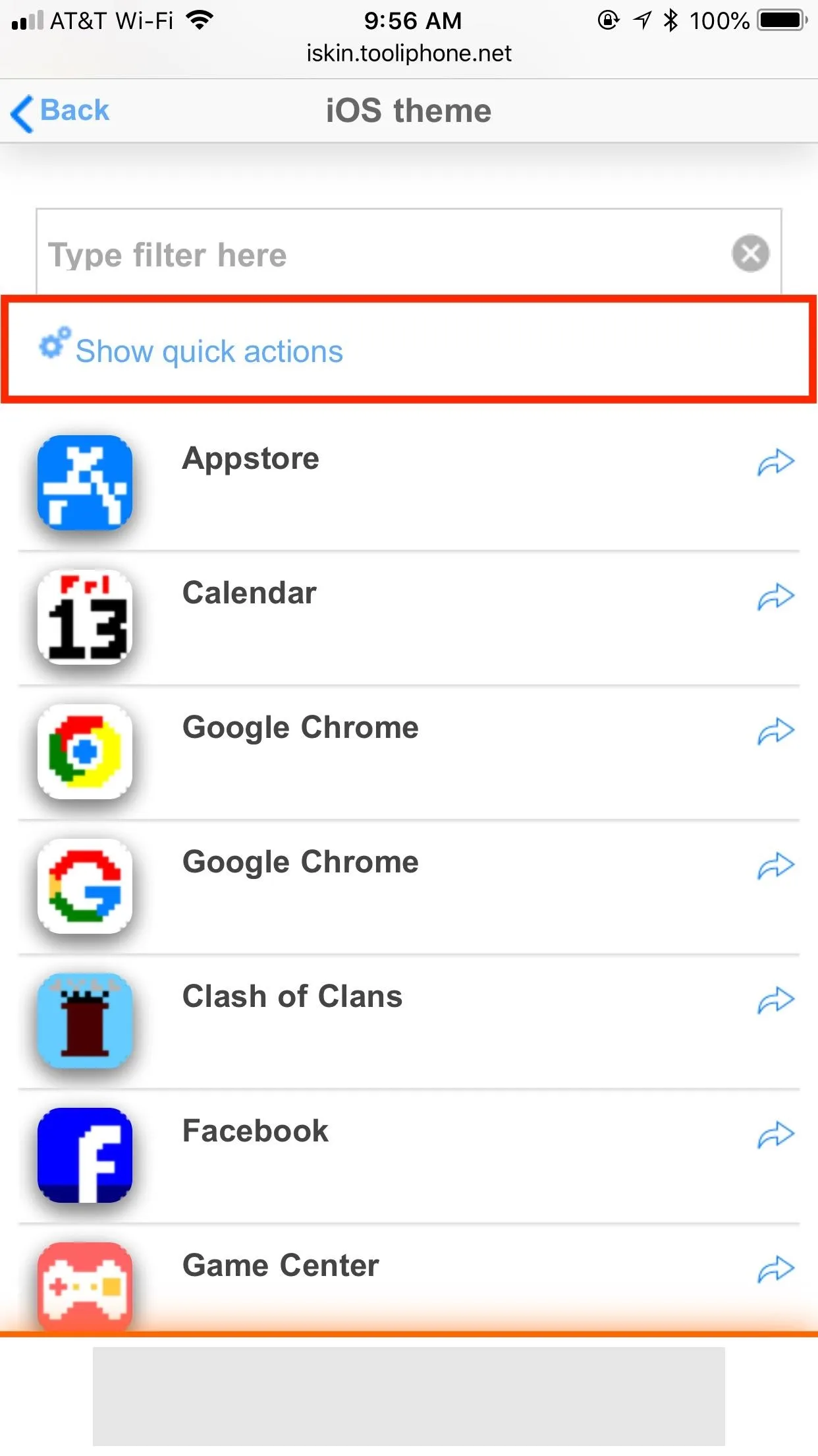 Screen displaying app icons on a mobile device, including Apple App Store, Calendar, Google Chrome, Clash of Clans, Facebook, and Game Center.