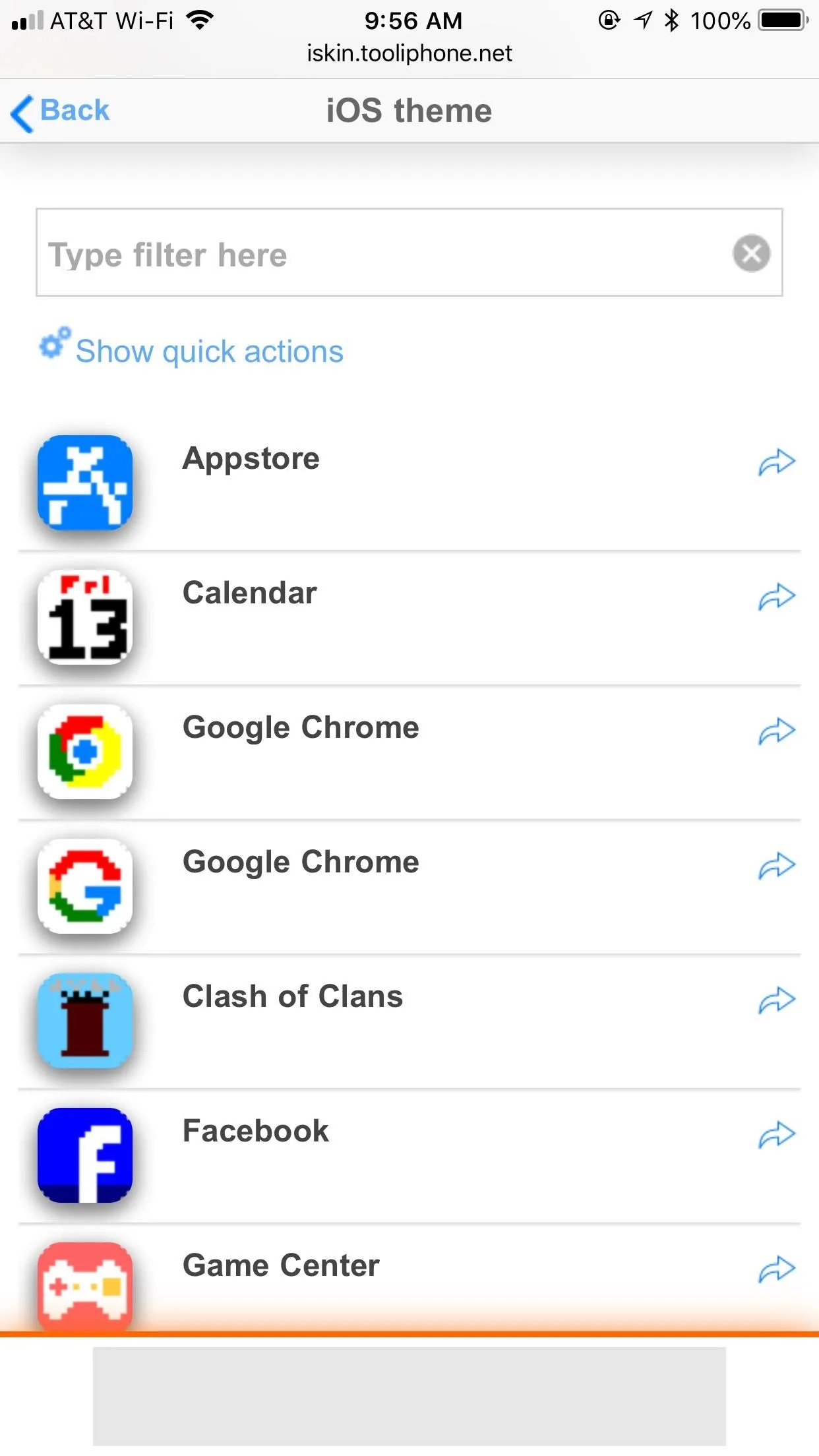 Screenshot of an iOS app menu displaying various applications including App Store, Calendar, Google Chrome, Clash of Clans, Facebook, and Game Center.