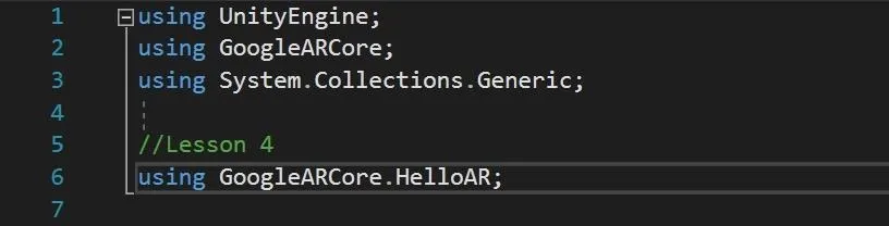 Code snippet demonstrating Unity and Google ARCore usage.