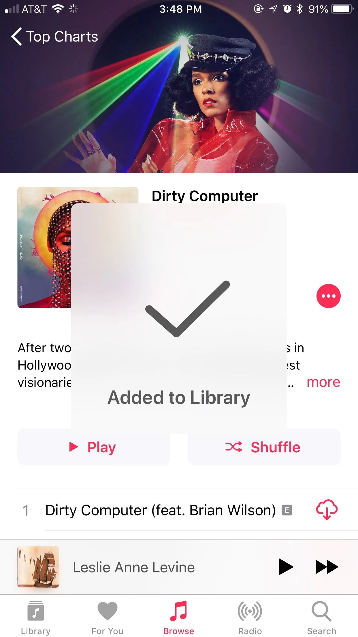 Album cover for "Dirty Computer" by Janelle Monáe displayed on a music app.