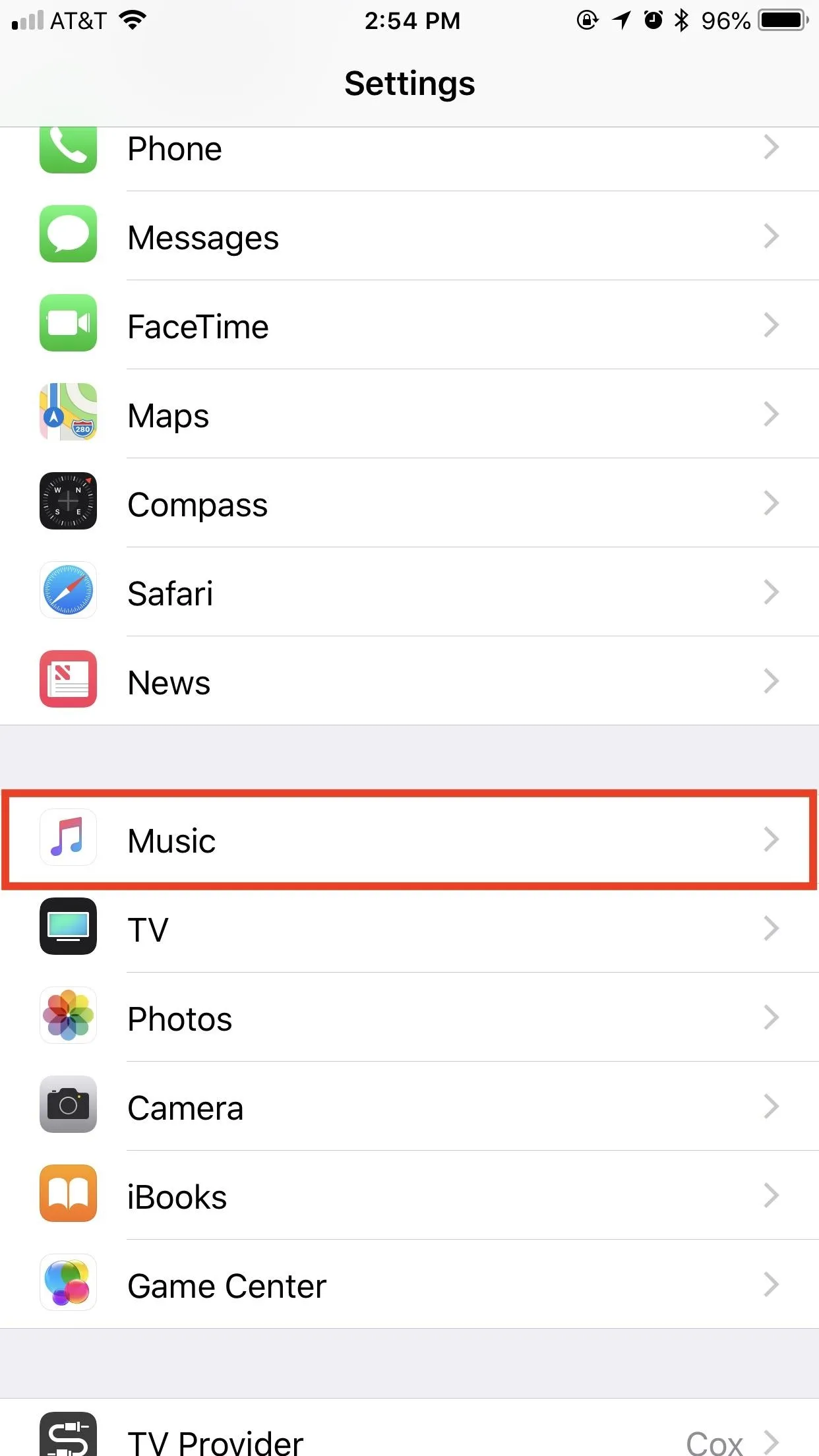 Settings menu on a smartphone with the Music option highlighted.