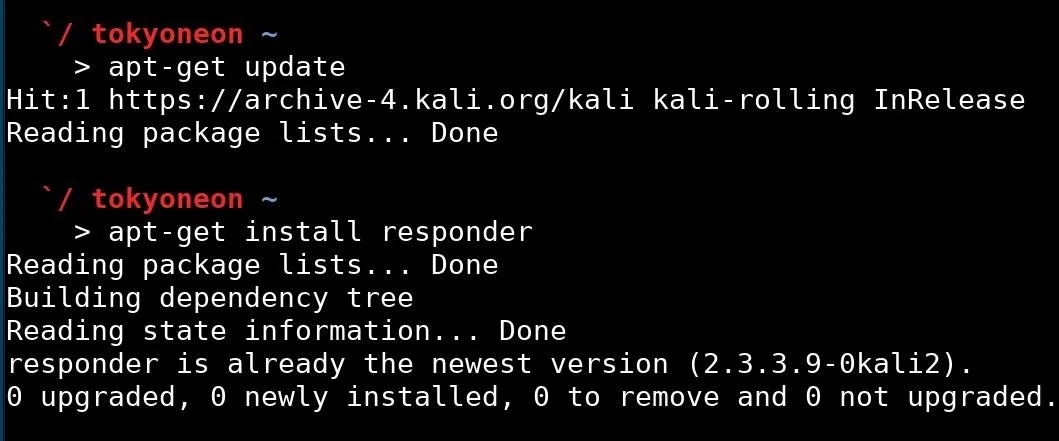 Terminal output showing package manager commands and responses for updating and installing software on Kali Linux.