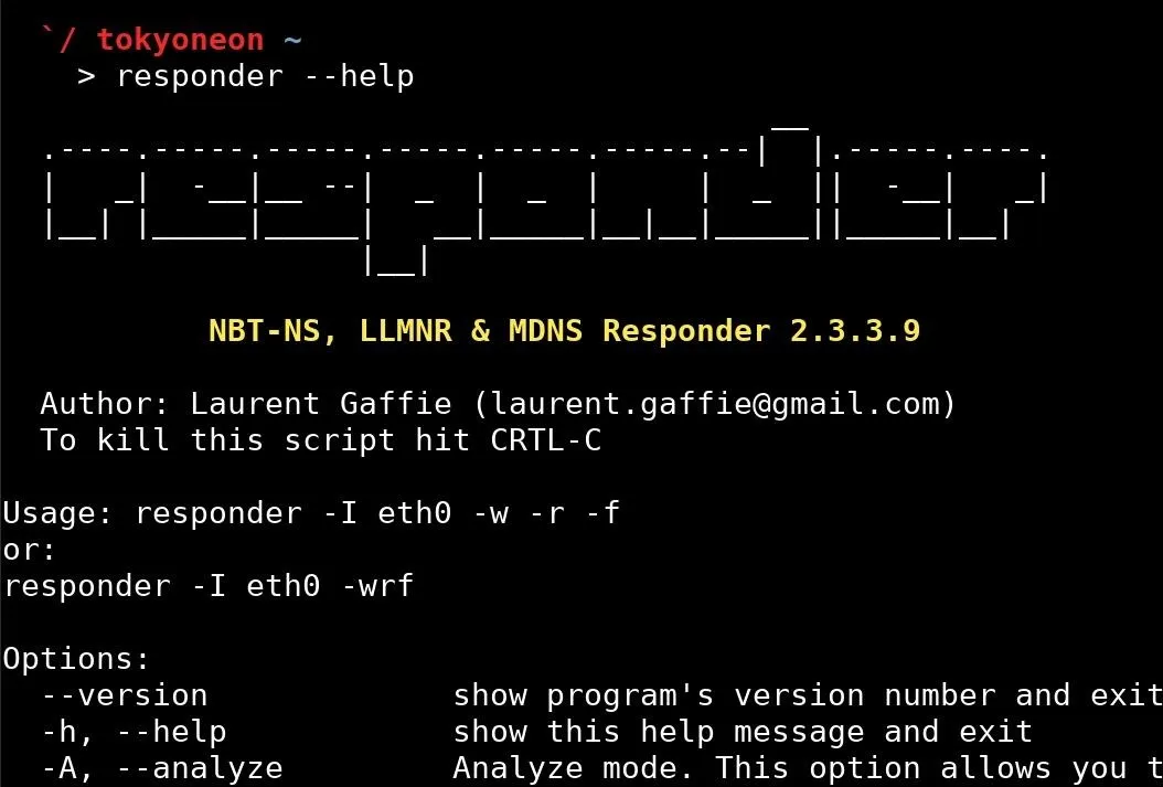 Command-line help display for Responder tool version 2.3.3, including usage instructions and options.