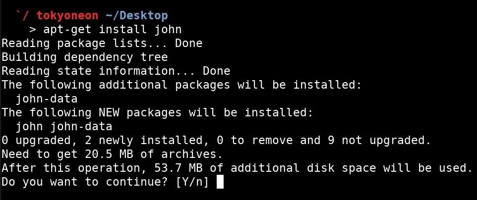 Terminal output showing the installation of a software package named 'john' using the 'apt-get' command.