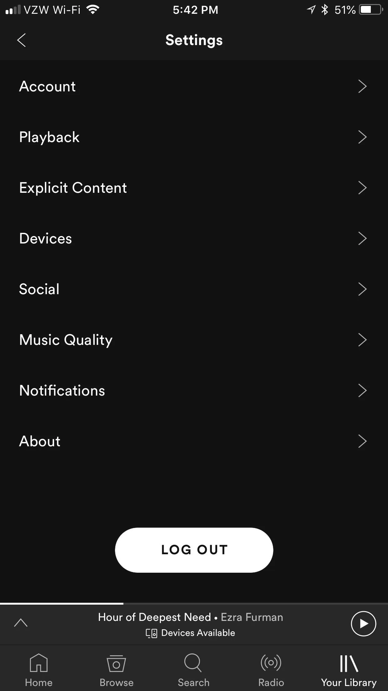 Settings menu on a mobile app with options for Playback, Download Quality, Notifications, and more.