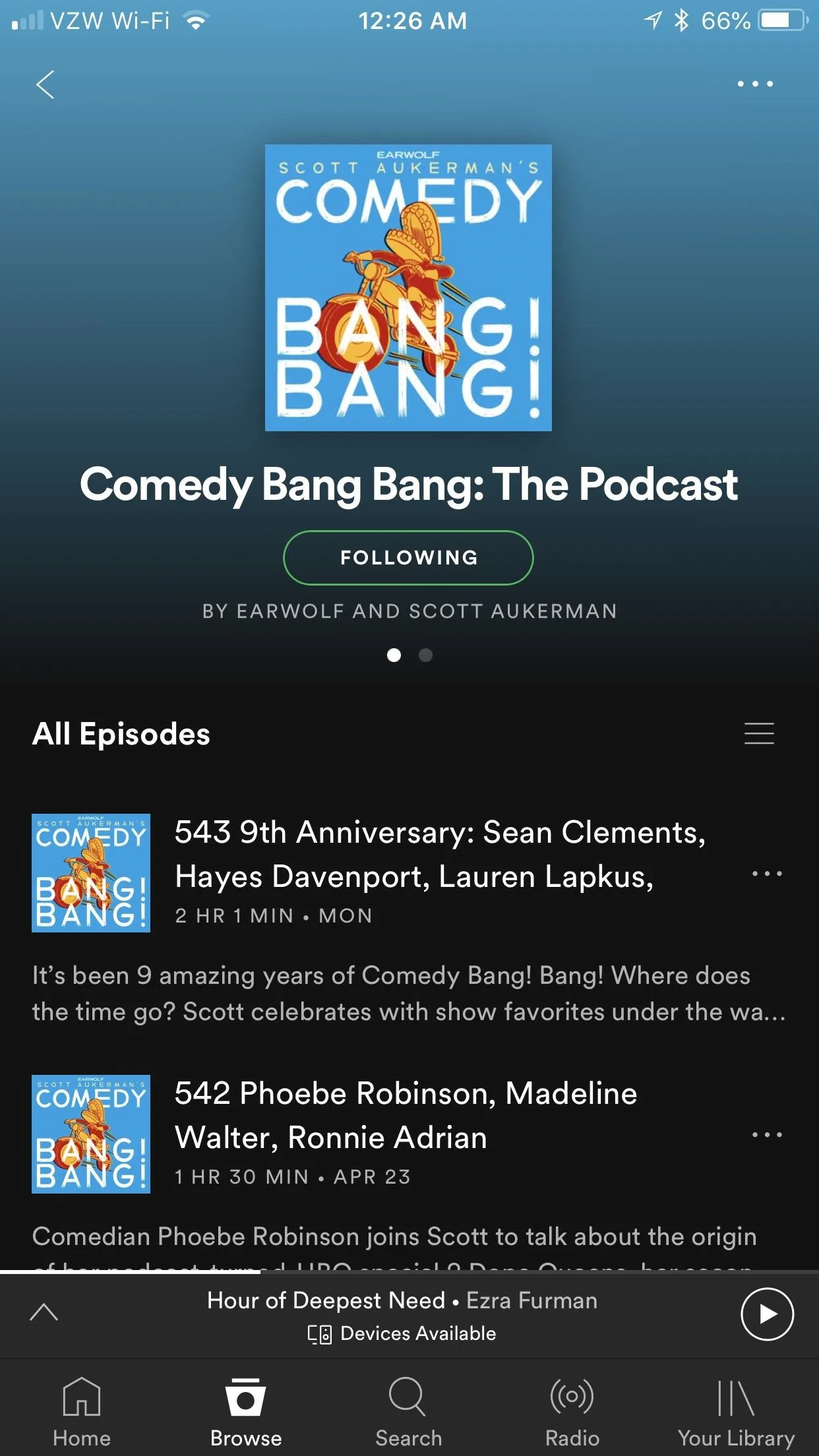 Comedy Bang Bang: The Podcast episode list on a mobile device.