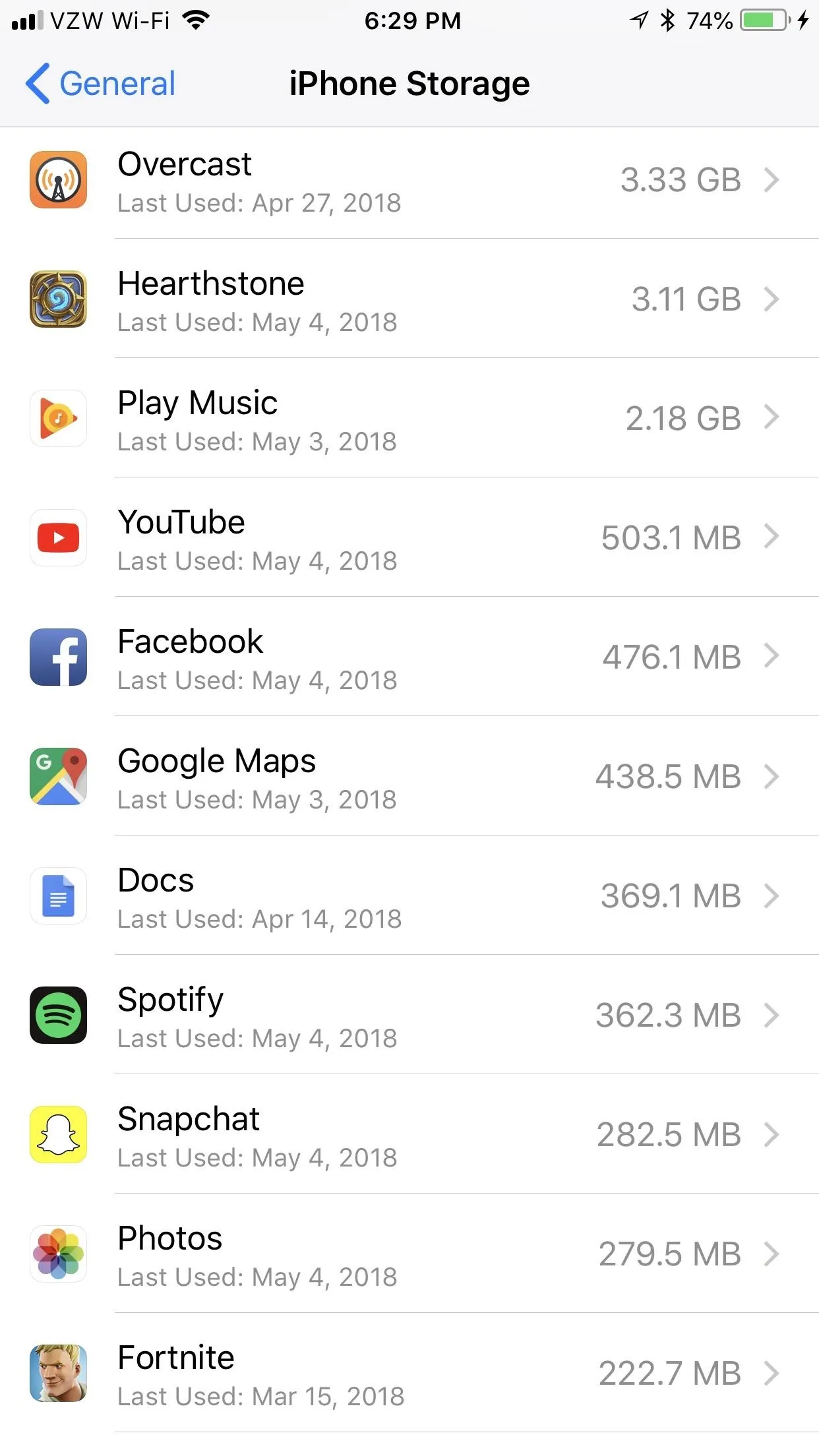 iPhone storage usage summary with app names and data sizes