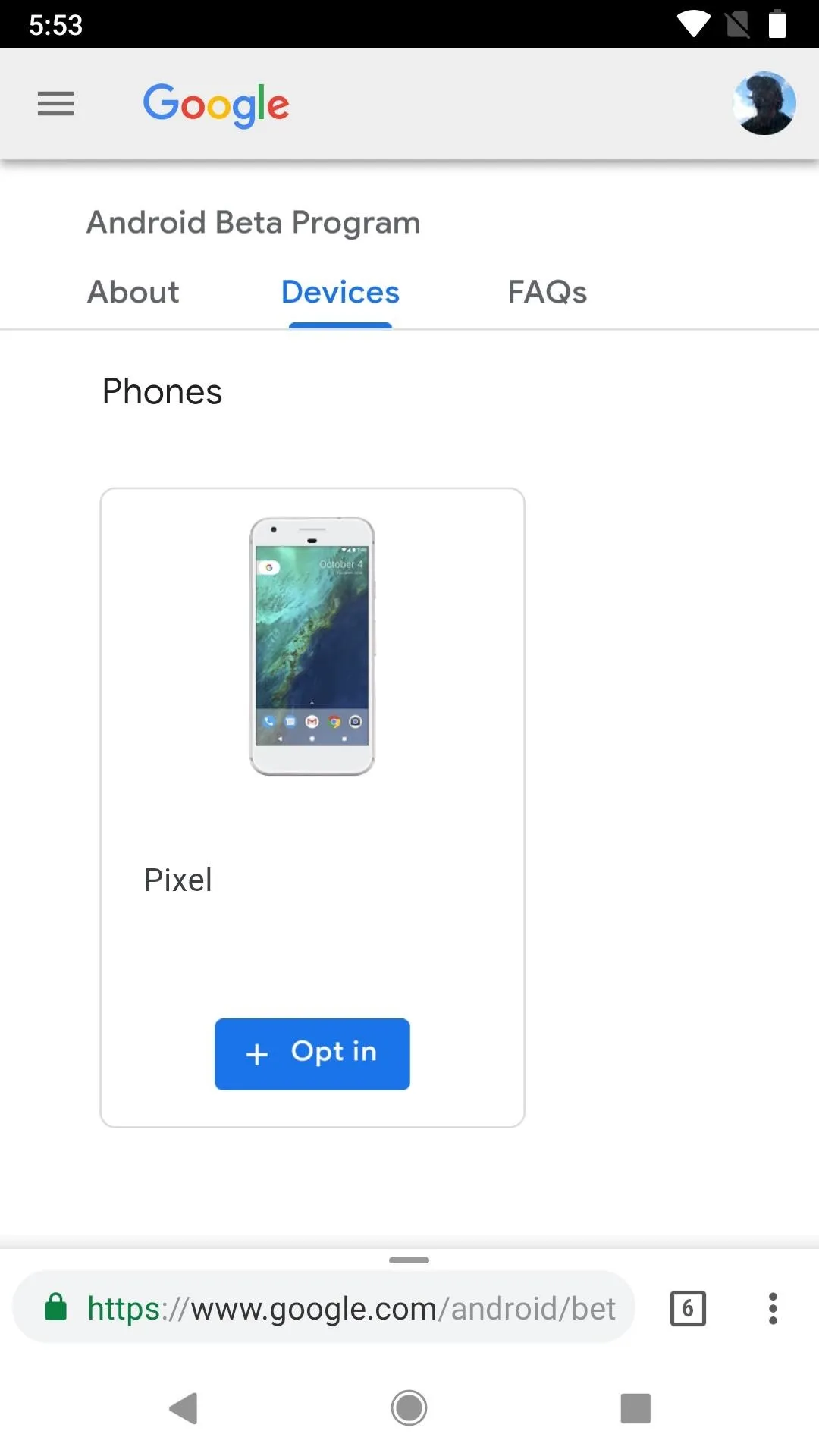 Screenshot of Google Devices page featuring details about the Android Beta Program and an option to opt in.