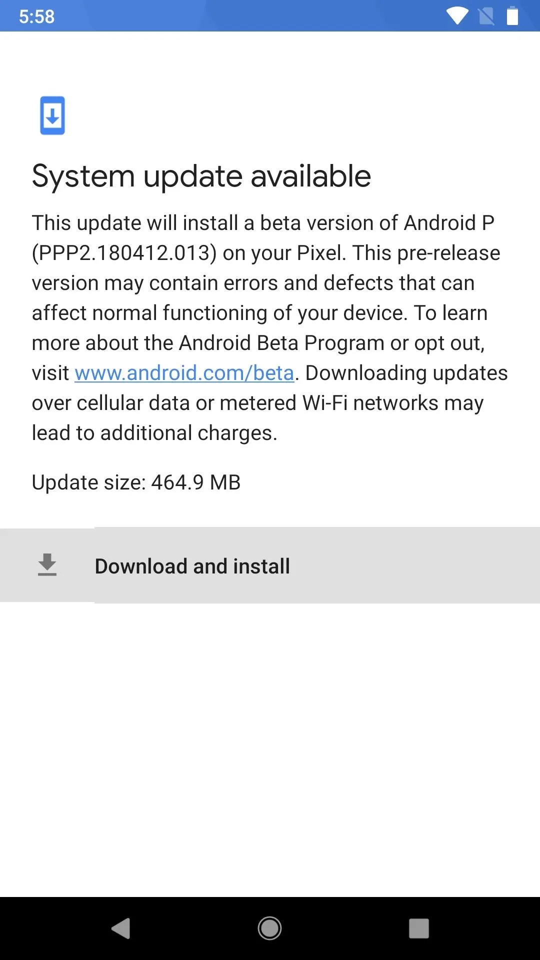 System update available on Android device. Download size: 404.8 MB.