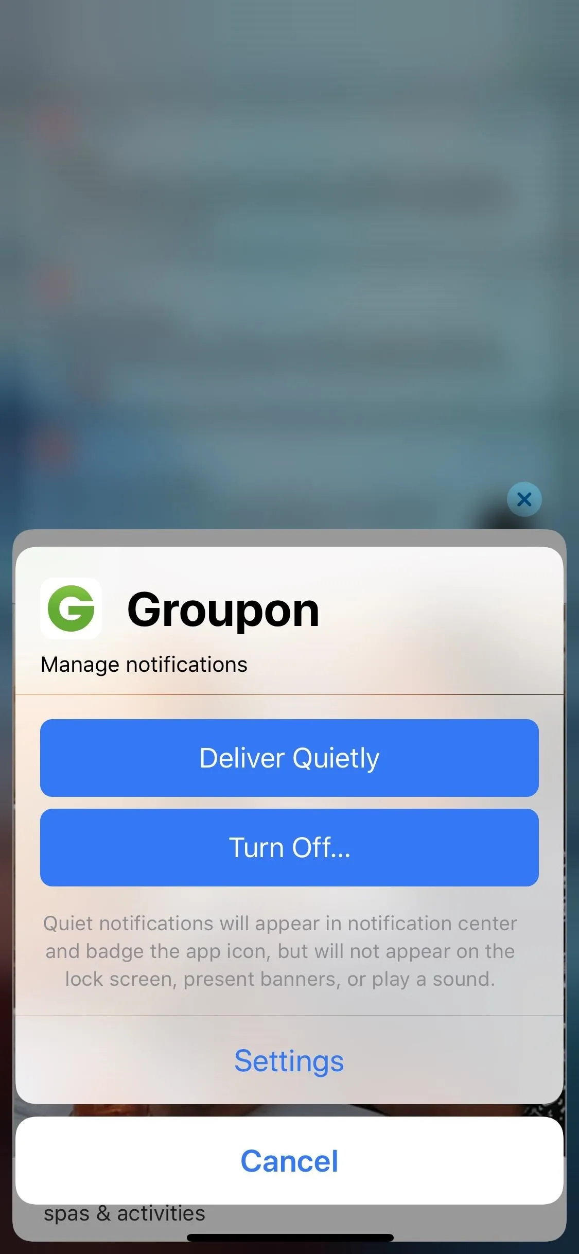 Notification settings for the Groupan app.