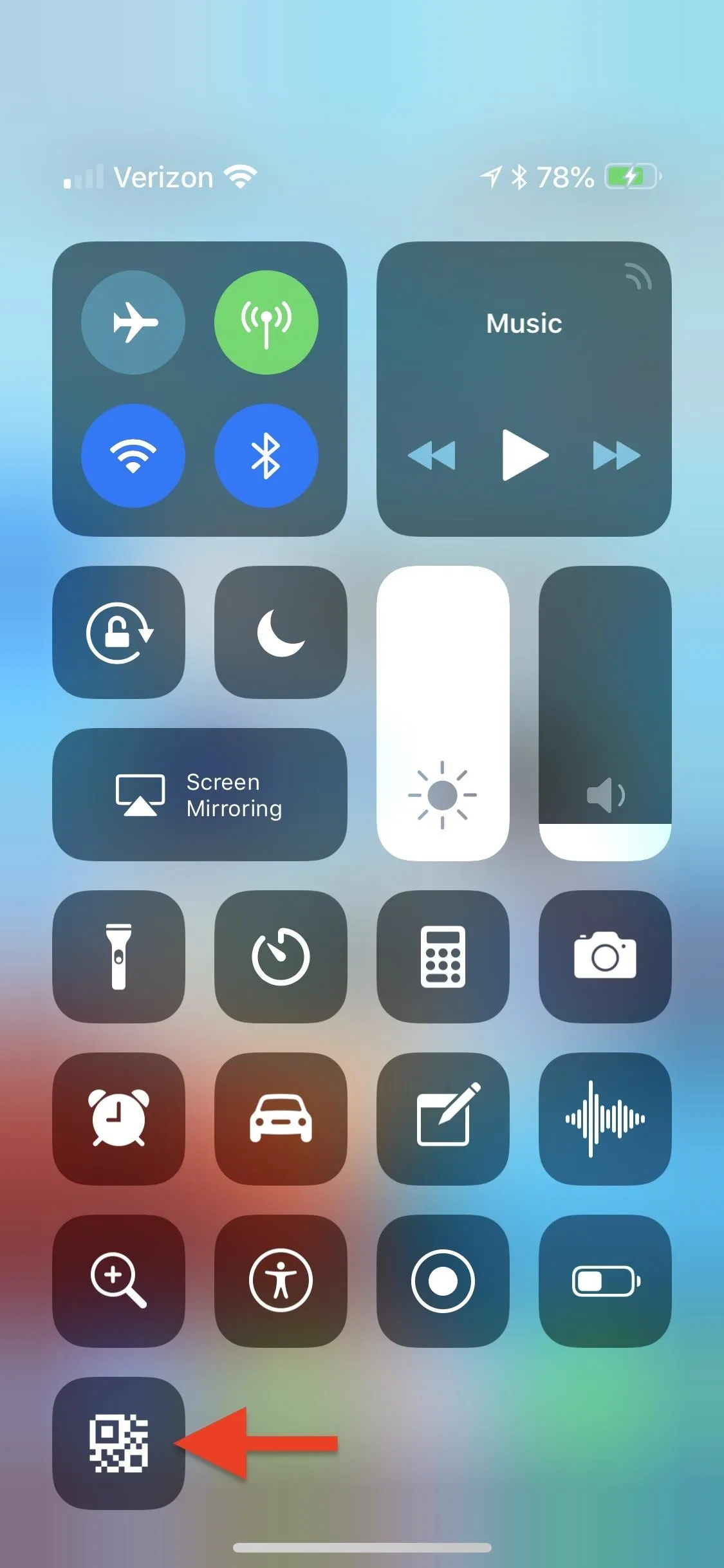 Control center interface on a smartphone displaying various settings and shortcuts.