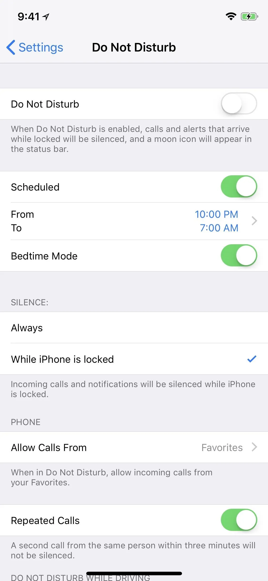 Settings screen showing "Do Not Disturb" options on a mobile device.