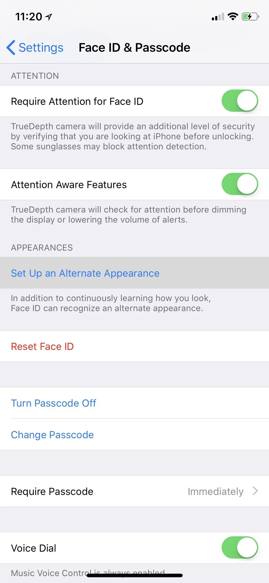 Face ID and Passcode settings on an iPhone.