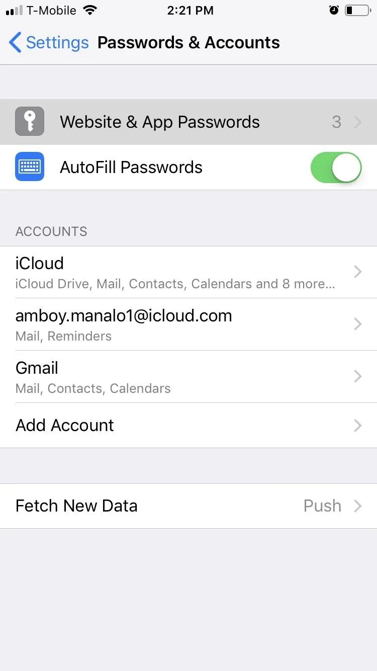 Password and account settings on a mobile device.