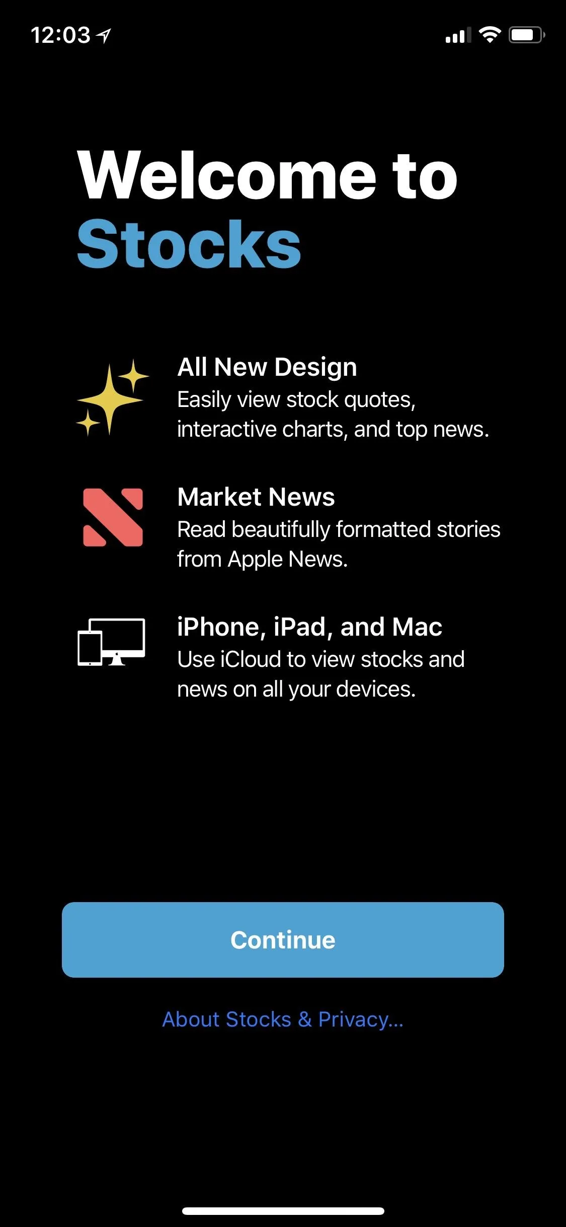 Welcome screen for the Stocks app with options for market updates and news.