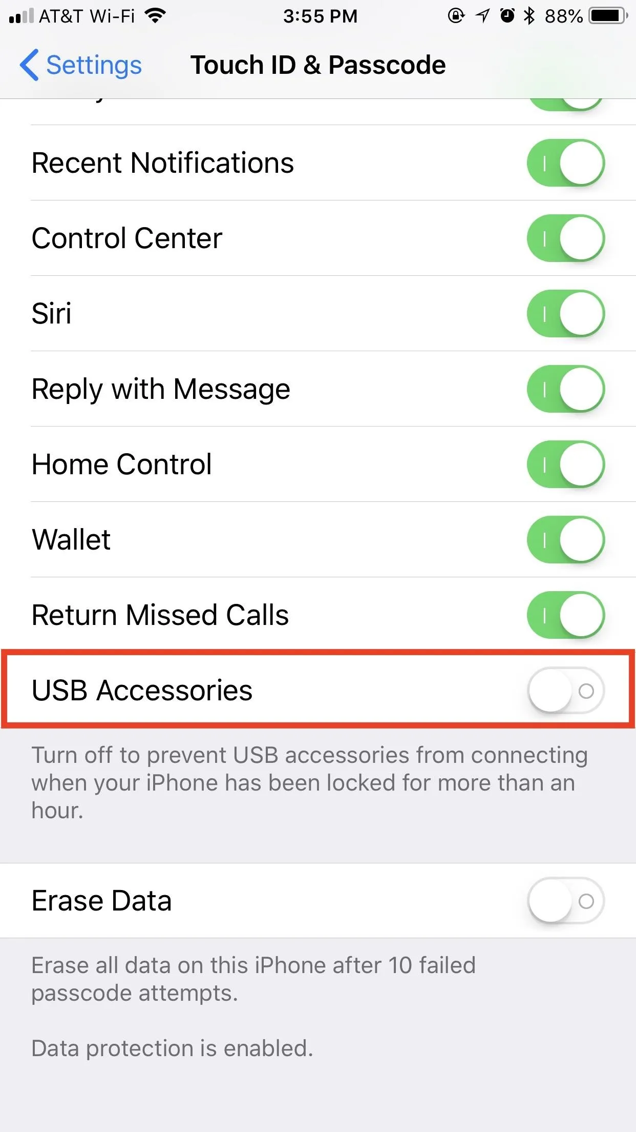 Settings menu displaying options for Touch ID and Passcode on an iPhone, with a focus on the "USB Accessories" toggle.