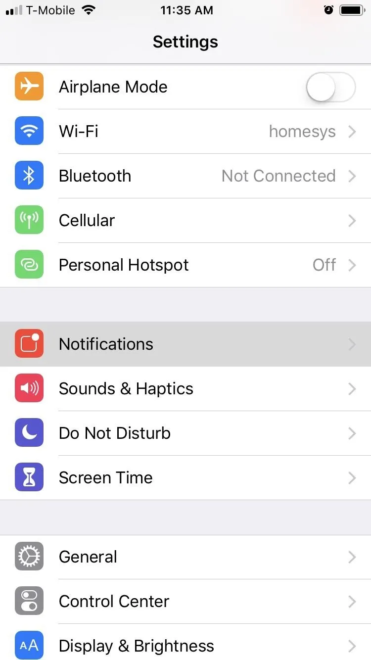 Settings menu on a smartphone displaying various options including Airplane Mode, Wi-Fi, Bluetooth, and Notifications.