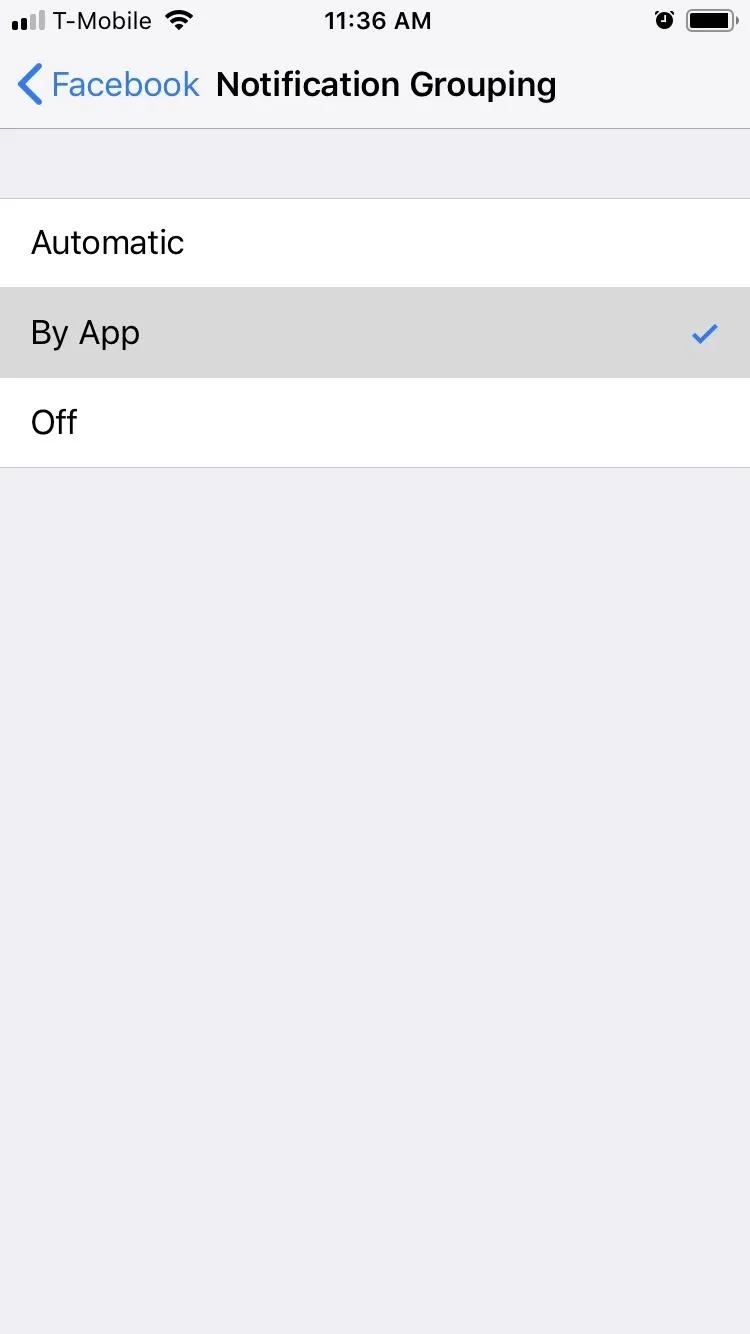Facebook notification settings on a mobile device.
