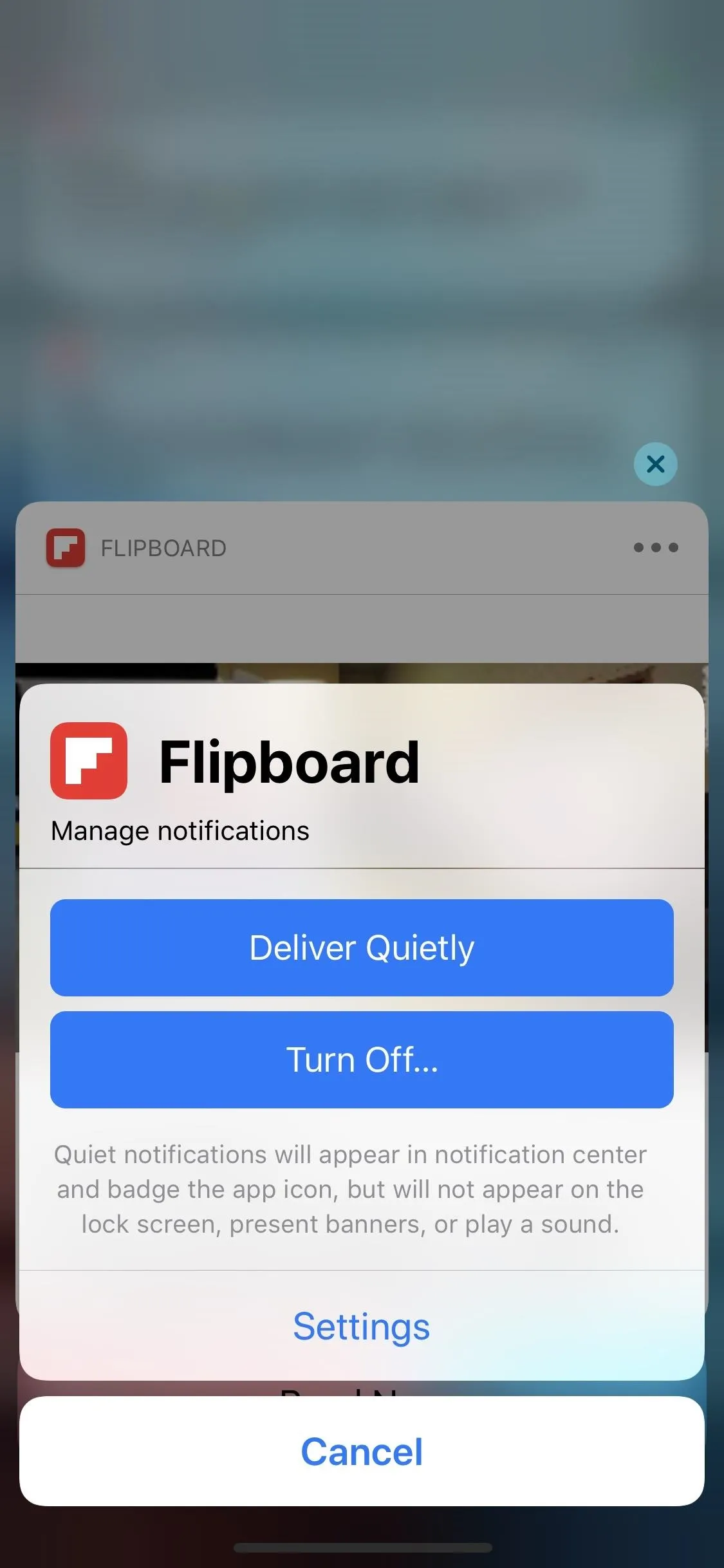 Flipboard notification settings menu with options to enable or disable notifications.