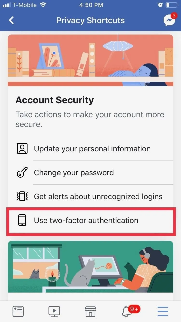 Facebook Privacy Settings Screen with Two-Factor Authentication Option Highlighted