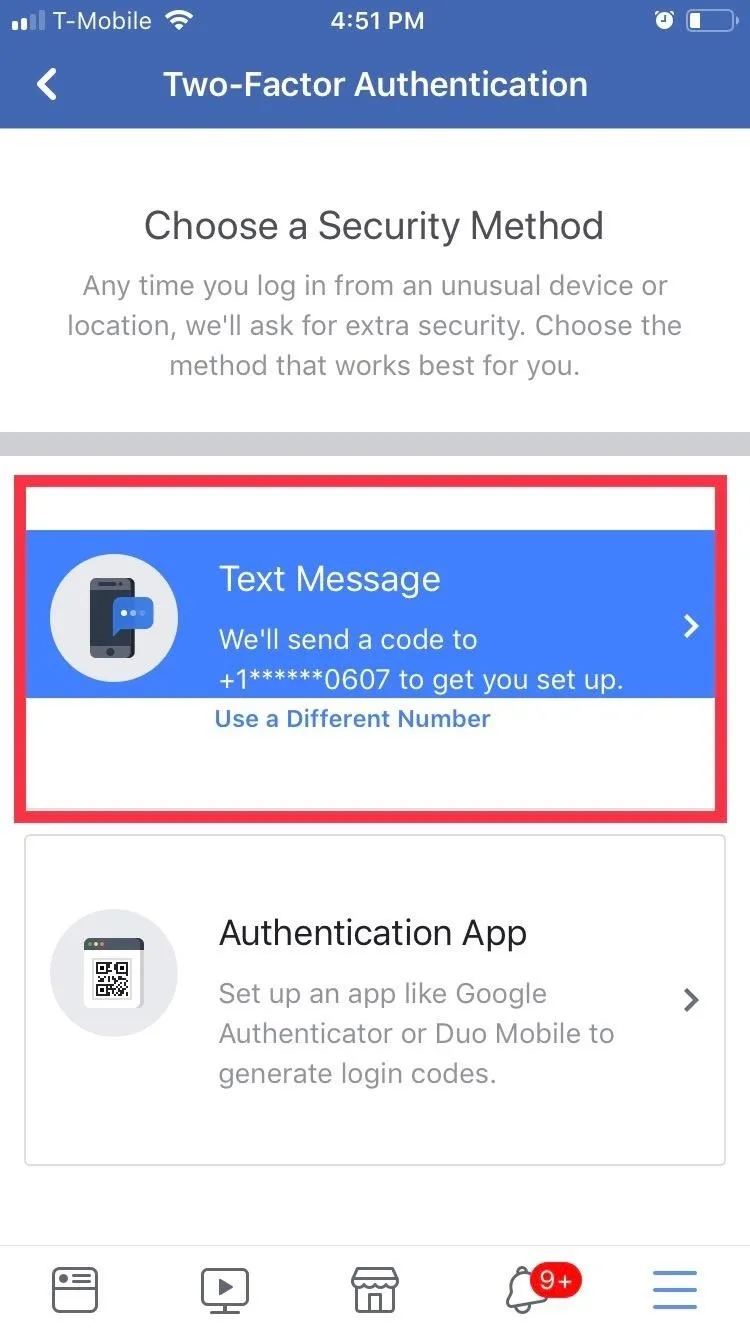 Two-factor authentication setup screen with options for text message and authentication app.