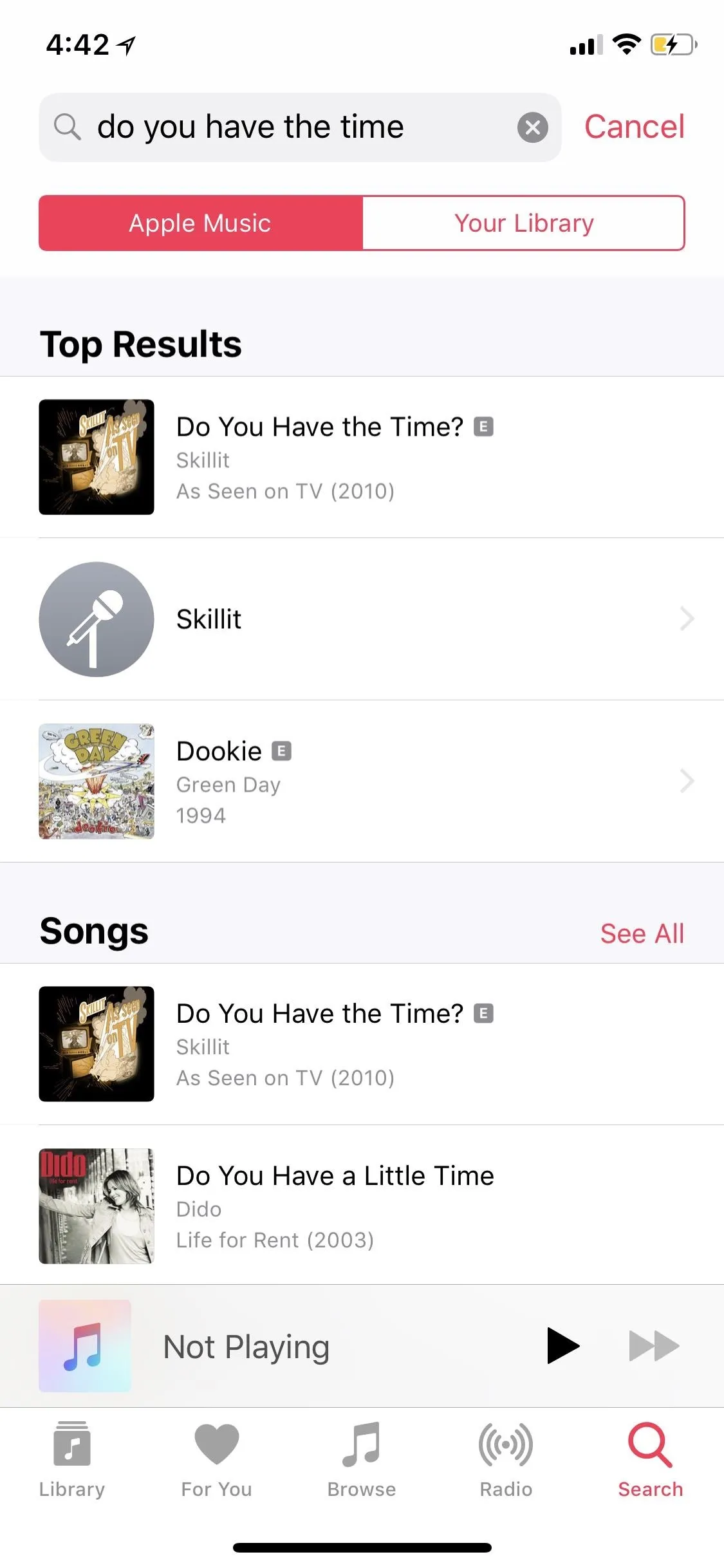 Search results screen from a music app displaying song titles and album covers.